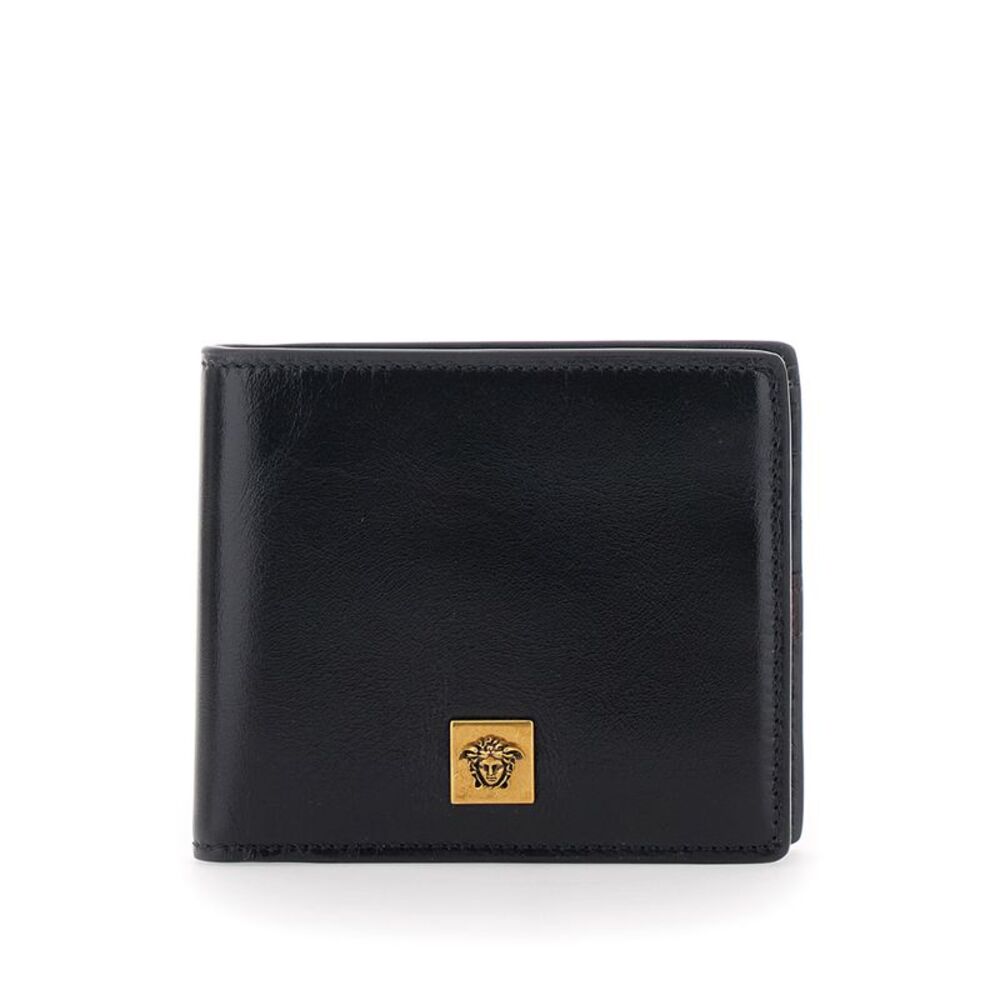 Versace Men Black Bi-Fold Wallet With Logo On The Front In Leather For Men